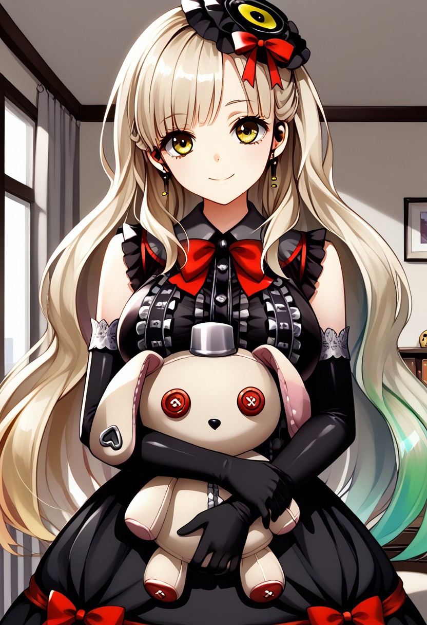 ((living room)), ((looking at viewer)), 1girl, solo, detailed eyes, high definition eyes, eyesHD, high gradient eyes, ((standing)), ((large breasts)), smile, closed mouth, ((Mayu)), very long hair, blonde hair, gradient hair, multicolored hair, ((yellow eyes)), light blonde fades to rainbow hair, black hat, black gothic dress, sleeveless dress, ((medium dress)), elbow gloves, black gloves, red bow, jewelry, earphones, earrings, stuffed bunny, stuffed toy, stuffed animal, doll, ((holding toy)), ((holding doll))
