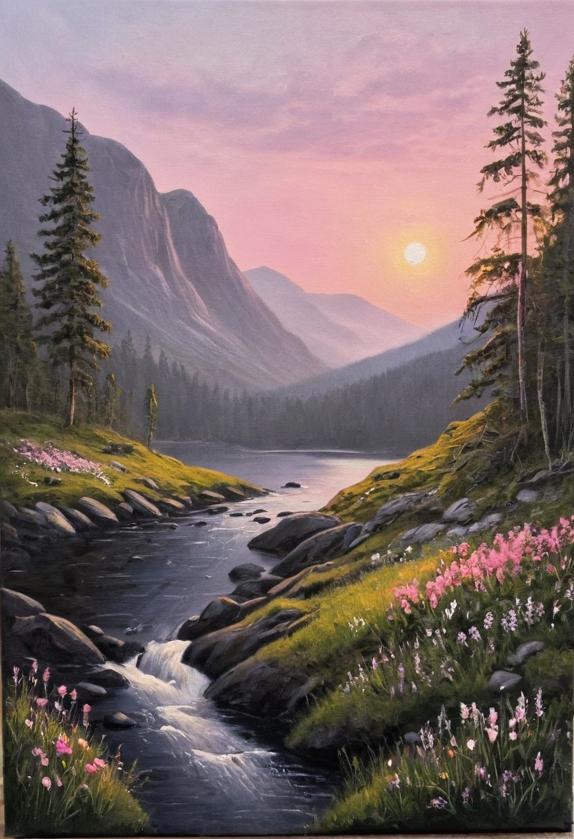 rm oil, realistic painting, the scenery of Norwegian colorful hill with trees and flowers, natural pink sunset lighting, bokeh, depth of field, shadows, film grainy, extremely detailed, epic atmosphere and pristine nature, with deep lonely and invoking some feelings, a little fog and river, landscape with vivid colors and desolate wilderness,