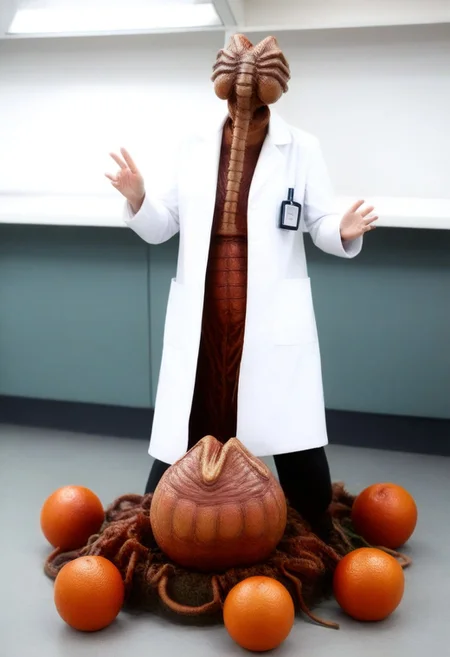 fchgr, blood orange style, xenoegg, view of a group of hatched xenoeggs, xenoeggs made of orange peel, horror theme, green light, space station interior, foggy ground, beautifully lit,
Female Doctor in lab coat with facehugger jumping at her, facehugger, alien facehugger