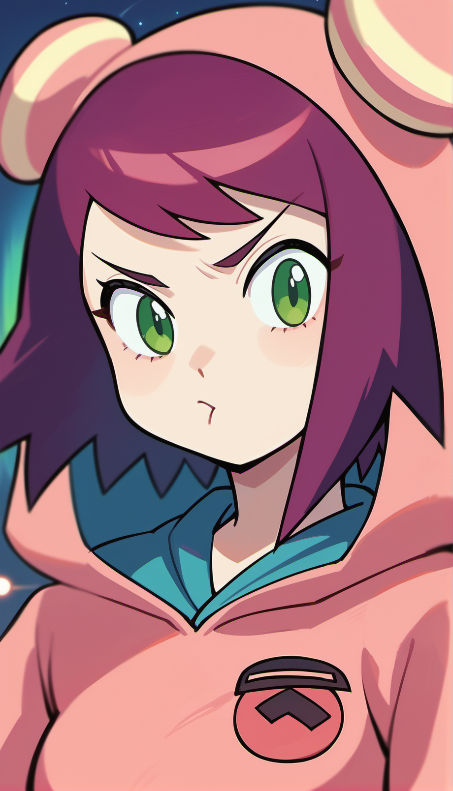 score_9,score_8_up,score_7_up,
<lora:soniastrumm:0.8>,
misorahibiki,
realistic,highres,
1girl,solo,
purple hair,short hair,bangs,
green eyes,
furrowed brow,pout,angry,
bear ears hooded hat,pink sweatshirt,
long fingerless gloves,
green shorts,
portrait,face focus,
blurry background,outdoors,night,starry background,shooting star,starry night,bloom,light particles,lens flare,cloud,lens flare abuse,planet,cityscape,aurora,meteor shower,