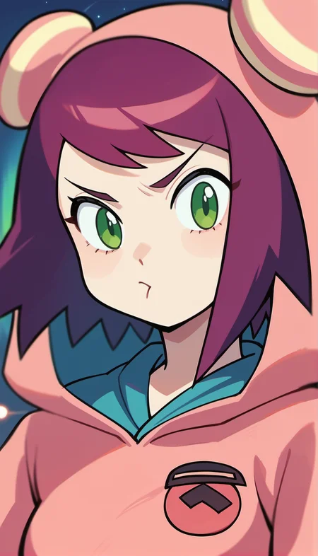 score_9,score_8_up,score_7_up,
<lora:soniastrumm:0.8>,
misorahibiki,
realistic,highres,
1girl,solo,
purple hair,short hair,bangs,
green eyes,
furrowed brow,pout,angry,
bear ears hooded hat,pink sweatshirt,
long fingerless gloves,
green shorts,
portrait,face focus,
blurry background,outdoors,night,starry background,shooting star,starry night,bloom,light particles,lens flare,cloud,lens flare abuse,planet,cityscape,aurora,meteor shower,