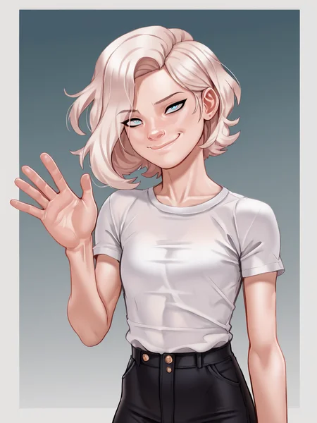 score_9, score_8_up, score_7_up, score_6_up, BREAK, LilValentina, short hair, blue eyes, looking at viewer, closed mouth, smile, raise right hand, waving, <lora:Valentina:1>
