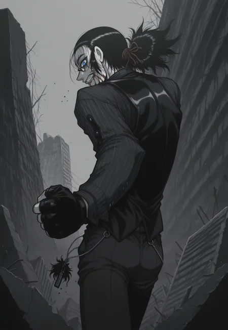 masterpiece, best quality, amazing quality, masterpiece, best quality, amazing quality, 1Boy, DarkWalter, blue eyes, black hair, back slicked ponytail, red hair ribbon, monocle, monocle over left eye, black tie, black vest, black pinstripe shirt, black pants, black fingerless gloves, keychain, standing. cowboy shot, dynamic pose, perspective, looking at viewer, angry, clenching teeth, ruins, blood on face, blood on mouth, evil smile,evil grin,crazy eyes, greyscale, monochrome,