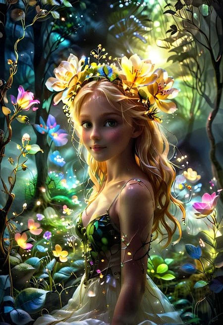 A vibrant and enchanting close up head shot photo of a cute and happy young girl with flowing blonde hair and a flower crown, exploring a misty magical forest on the summer solstice. shallow depth of field, realistic, skin pores, imperfections. She is accompanied by friendly bioluminescent fairies with crystal sparkling wings, fireflies and woodland creatures, with the sun setting in the background, casting a golden glow over the scene. The lush greenery and colorful white flowers make the image lively and captivating, perfect for celebrating a summer birthday. Extremely detailed, intricate, whimsical, magical, alcohol inks