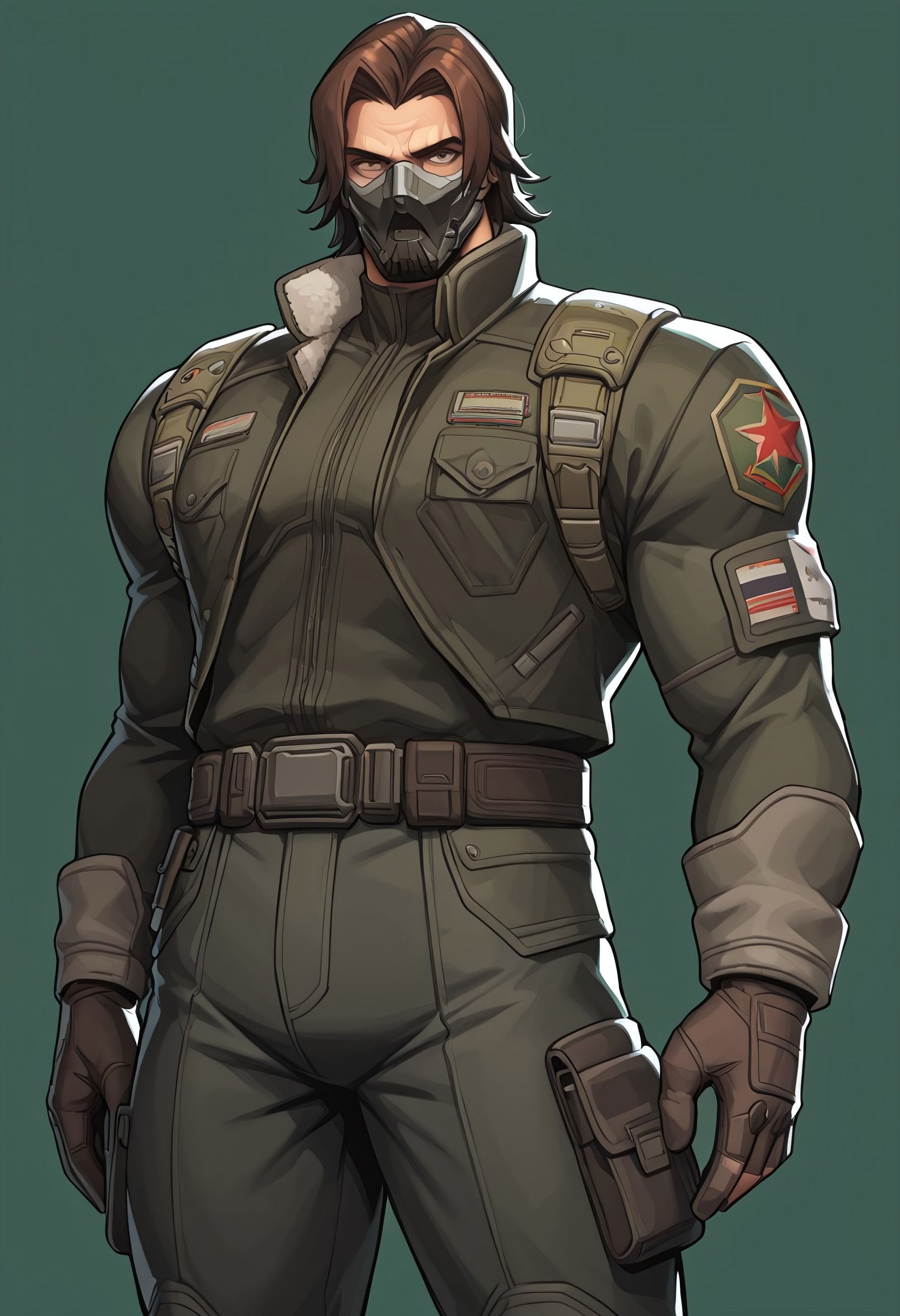 safe_pos, w0lfc0nf, Winter Soldier, brown hair, plain color background, earthy green background, normal angle, mask, muscular, uniform, 1boy, male focus, athletic body, sexy pose, broad shoulders, manly body, thick thighs, perfect anatomy, masterpiece, cool composition, perfect quality, best quality, detailed, newest, very aesthetic