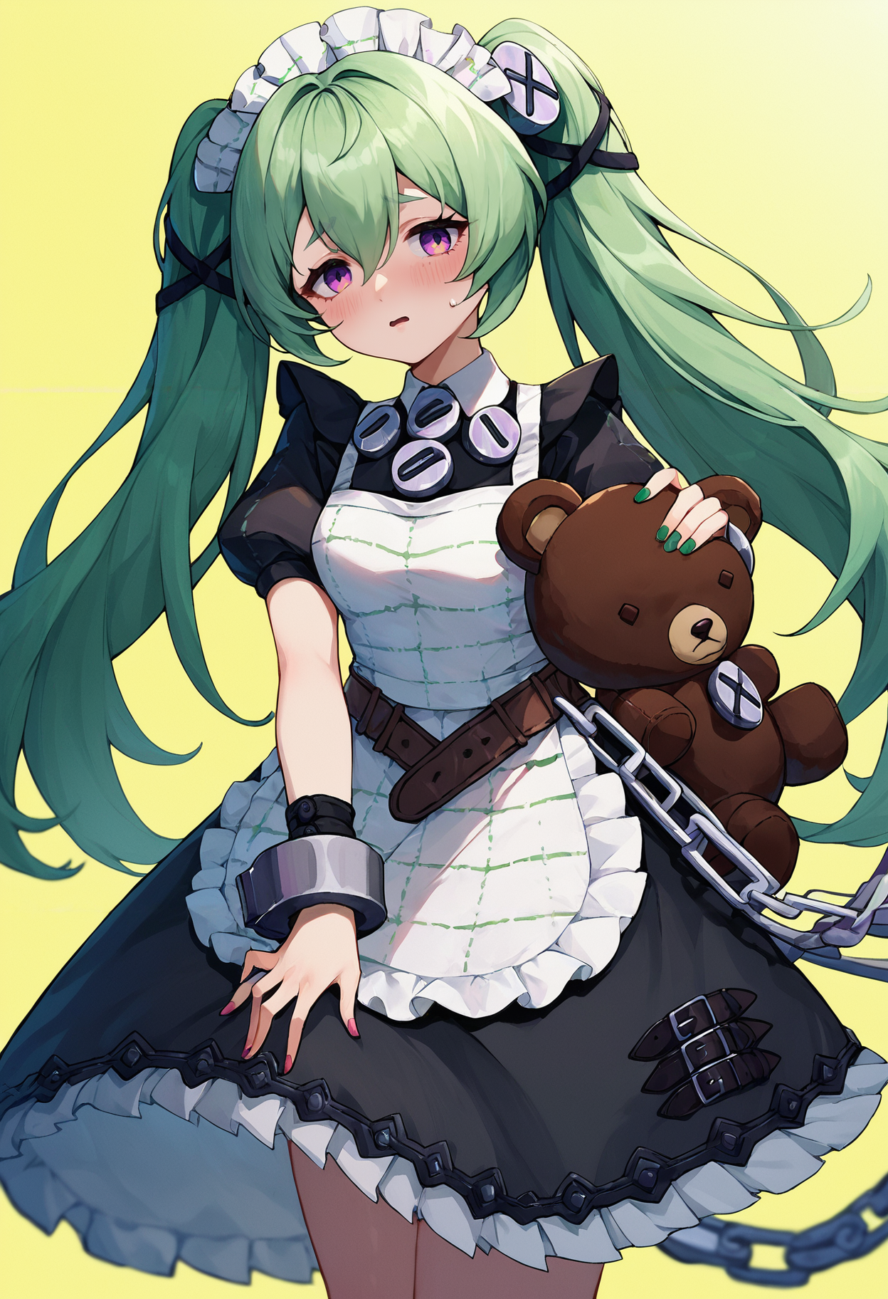 score_9,score_8_up,score_7_up,score_6_up  , <lora:corin_wickes_xl:0.8> corin-wickes-zzz, 1girl, solo, blush, twintails, simple background, maid headdress, apron, long hair, open mouth, cuffs, stuffed animal, maid, stuffed toy, belt, maid apron, hair between eyes, short sleeves, nail polish, teddy bear, looking at viewer, dress, puffy sleeves, bangs,yellow background,