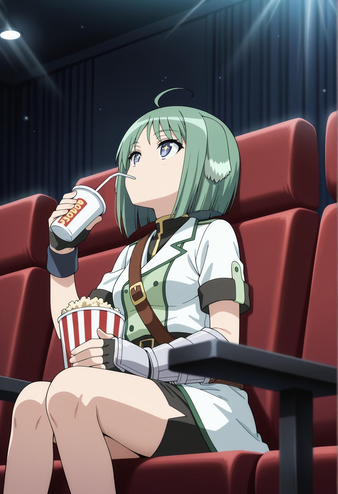 1girl, 1girl, short hair, green hair, dog ears, military uniform, short sleeves, gauntlets, pencil skirt, indoors, sitting, starry eyes, holding popcorn, looking up, indoors, theater, lights of, lens flare, red chair, drinking, drinking straw <lora:eclair_dd:1>, masterpiece, best quality, amazing quality, very aesthetic, absurdres, highres, newest