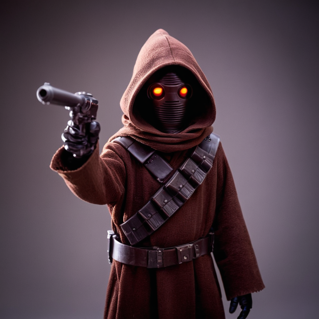 cinematic film still of  <lora:star wars style:0.3>
<lora:detailed:0.4> detailed
<lora:perfection style:0.4> perfect
<lora:PerfectEyesXL:0.3>
 <lora:Jawa:1>
Jawa  a toy figure of a person with a gun,in star wars universe,solo,looking at viewer,simple background,red eyes,gloves,1boy,holding,standing,full body,weapon,male focus,belt,hood,holding weapon,gun,glowing,black background,holding gun,glowing eyes,cloak,handgun,hood up,robe
, shallow depth of field, vignette, highly detailed, high budget, bokeh, cinemascope, moody, epic, gorgeous, film grain, grainy