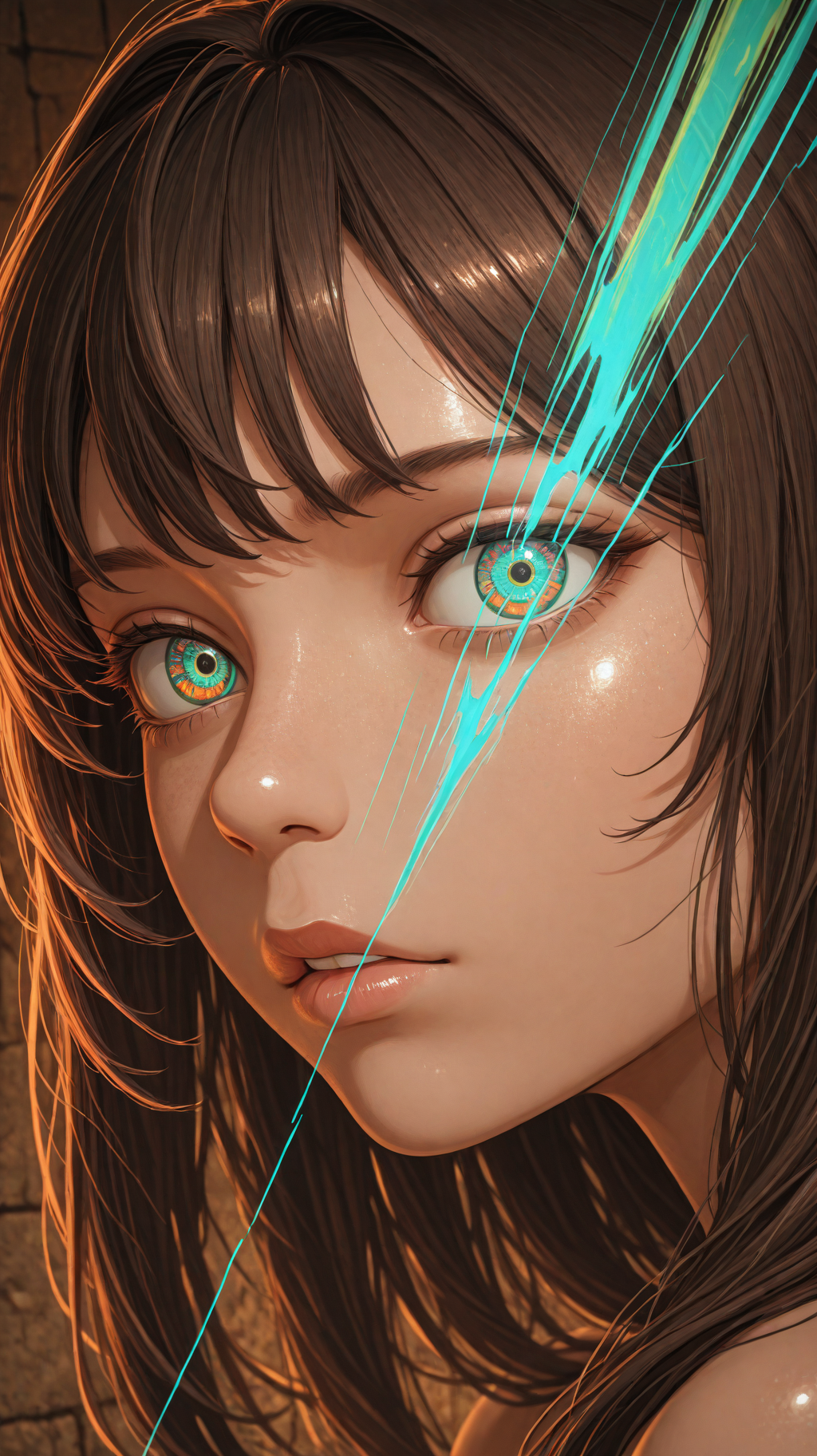 1girl, solo, psychedelic, dungeon, close-up, , teal rays, prismatic shading, brown background, incredibly absurdres, highres, masterpiece, newest