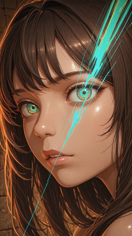 1girl, solo, psychedelic, dungeon, close-up, , teal rays, prismatic shading, brown background, incredibly absurdres, highres, masterpiece, newest