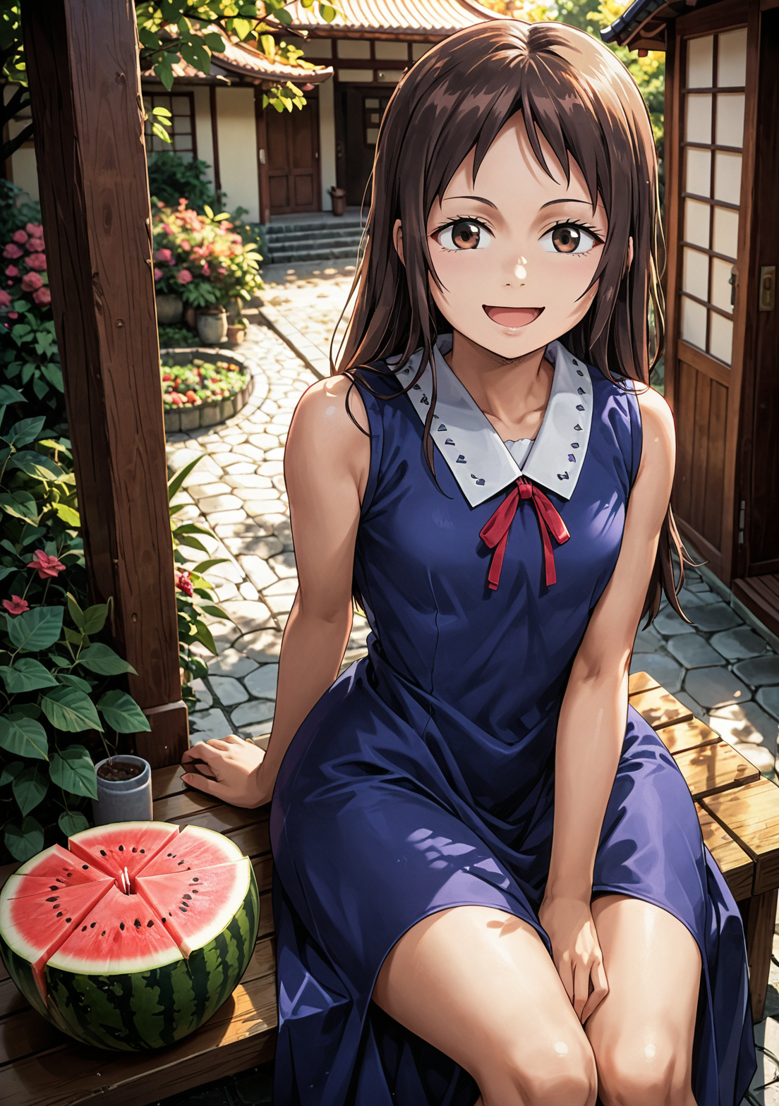 score_9, score_8_up, score_7_up, source_anime,  Rika Orimoto, Rikaorimotopony, blue dress, short dress, (brown eyes, black pupils),  legs, red ribbon, sleeveless, brown hair,  long hair,  looking at viewer, smug, open mouth,  porch, sitting, watermelon, holding slice of watermelon, fan, outside, japanese style house, garden, from above,  medium hips,  purple footwear   <lora:orimoto_rika-000001 (1):1>