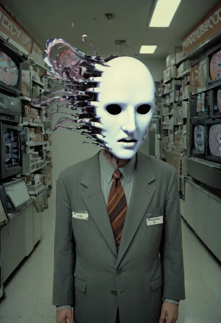 the man is a slicer: the slicer slices face's slices into further slices: the other man is the puller. The puller pulls the slices apart into planar sections dividing the entire image, and the face becomes a mask of incomprehension slit into an array of emigmatic glowing visions, both paranoiac and wildly schizoid. He has a haunting, bone aching beauty that is impossible to ignore, androgeny.