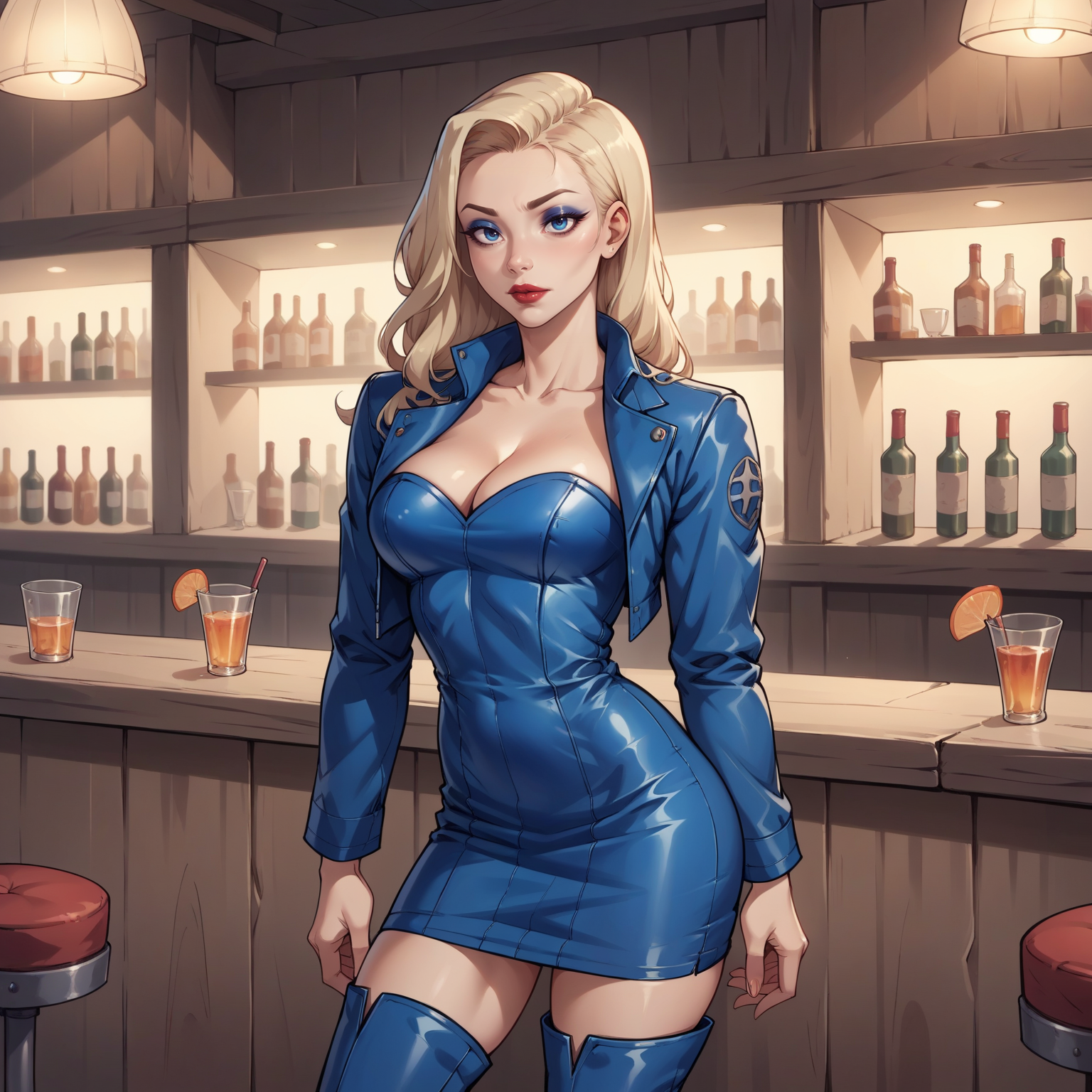 score_9, score_8_up, score_7_up, score_6_up, source_anime, draculaura, portrait, woman, blond hair, makeup, lipstick, portrait, highres, 8k, eyeliner, eyeshadow, hud_blu_lthr, strapless blue leather short dress, blue leather, cropped jacket, cleavage, breasts, thigh boots, <lora:hud_blu_lthrXLP:0.7>, bar background