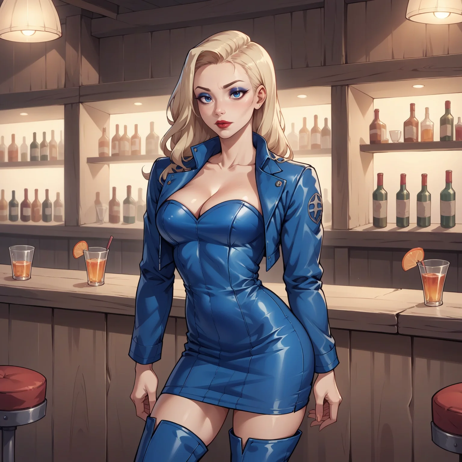 score_9, score_8_up, score_7_up, score_6_up, source_anime, draculaura, portrait, woman, blond hair, makeup, lipstick, portrait, highres, 8k, eyeliner, eyeshadow, hud_blu_lthr, strapless blue leather short dress, blue leather, cropped jacket, cleavage, breasts, thigh boots, <lora:hud_blu_lthrXLP:0.7>, bar background