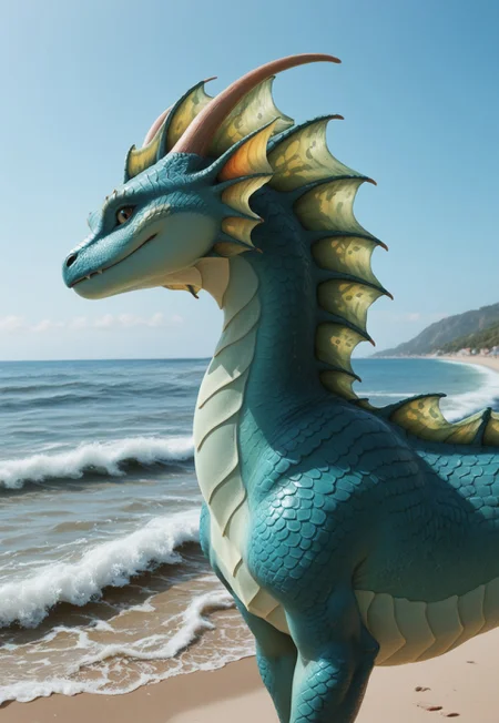 score_9, score_8_up,score_7_up, score_6_up, score_5_up
solo, source_furry,
feral, female dragon, sea dragon, aquatic dragon, western dragon, webbed claws, frill gills. long back frills, neck frill, elbow frill, tail fin, dorsal frill, marine scales, aqua color scales, green frill, two-tone skin, green underbelly,
walking along beach, looking at viewer, smug face, side view, close up, portrait,
daytime, beach, huge waves, ocean,