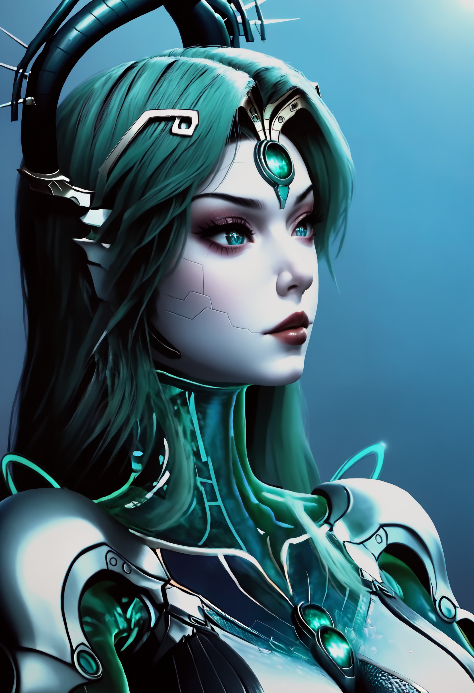 Masterpiece, best quality, amazing quality, very aesthetic, high resolution, ultra-detailed, absurdres, HDR, cinematic lighting, highres, newest, 
poyu, PoYu, snake woman, cyborg lamia, futuristic snake-themed character, biomechanical hybrid, snake tail lower body, green hair, 1girl, solo, long hair, portrait, black hair, cyborg, forehead jewel, looking to the side, black eyes, lips, metallic body parts, teal glowing eyes, forehead jewel, cyberpunk aesthetic, techno-organic design, snake horns, glowing teal highlights, holographic elements