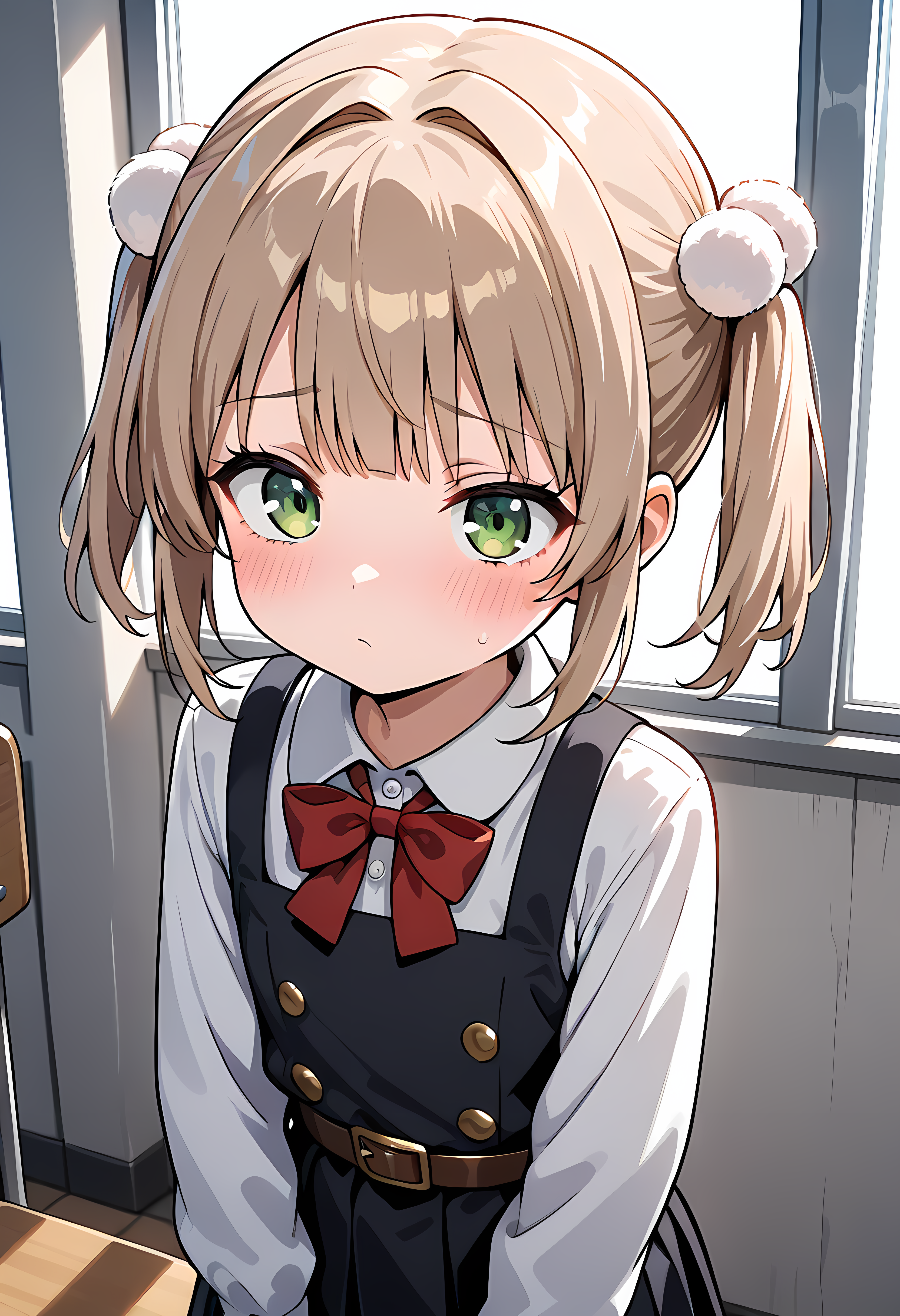 <lora:Shigure Ui_ill:1>,school uniform,red bow,collared shirt,white shirt,long sleeves,belt,black dress,sleeveless dress,pleated dress,pinafore dress,flat chest,,short hair,light brown hair,twintails,pom pom hair ornament,hair intakes,bangs,green eyes,UiShigure ,<lora:add-detail-xl:1>,masterpiece,best quality,amazing quality,very aesthetic,absurdres,newest,huge filesize,<lora:spo_sdxl_10ep_4k-data_lora_webui:0.5>,solo