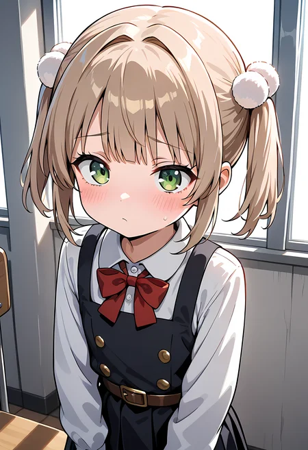 <lora:Shigure Ui_ill:1>,school uniform,red bow,collared shirt,white shirt,long sleeves,belt,black dress,sleeveless dress,pleated dress,pinafore dress,flat chest,,short hair,light brown hair,twintails,pom pom hair ornament,hair intakes,bangs,green eyes,UiShigure ,<lora:add-detail-xl:1>,masterpiece,best quality,amazing quality,very aesthetic,absurdres,newest,huge filesize,<lora:spo_sdxl_10ep_4k-data_lora_webui:0.5>,solo