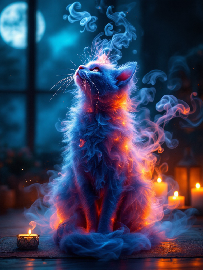 A mesmerizing image of smoke elegantly forming a lifelike cat silhouette in mid-air. The intricate details and vibrant colors of the cat, along with the perfect balance of smoke density and airiness, create an incredible visual effect. The background reveals a mystical or enchanted setting, possibly a dimly lit room with candles and a moonlit sky. The combination of photo, illustration, 3D render, and painting techniques make this piece a true masterpiece., 3d render, photo, painting, vibrant, illustration
