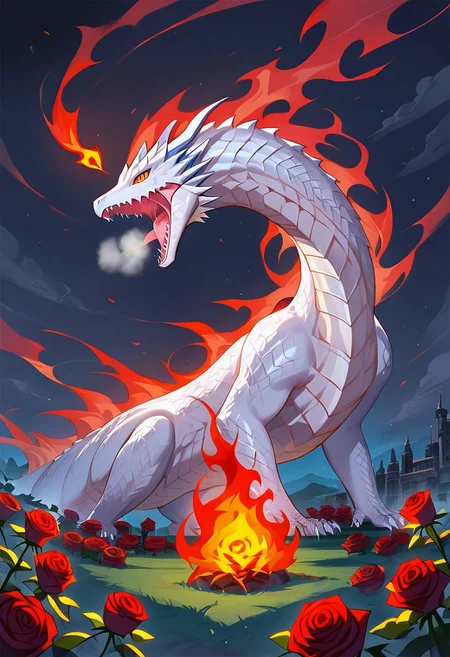 (masterpiece), (best quality), source_anime+, perfect anatomy, HD, 10k Res, digital_media_(artwork) hi_res, intricate, high quality, amazing quality, (noir, fantasy) theme, (1 feral white dragon, breathing fire), (rose, plains), Drestoria-Style_V1