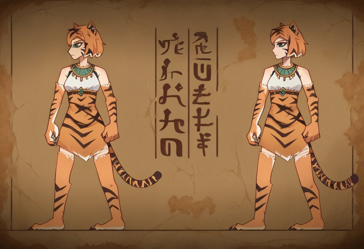 score_9, score_8_up,score_7_up,score_6_up, source_anime,  
FauxEgyptian, standing, full body, black eyes, crack,  old,dusty,
valerie, tiger girl, orange fur, tiger stripes, facial mark, animal hands, claws, animal ears, animal print, tiger tail, from side, multiple views,
<lora:FauxEgyptian_XLPD:1>
<lora:orcmassage_valerie_ponyXL:1>