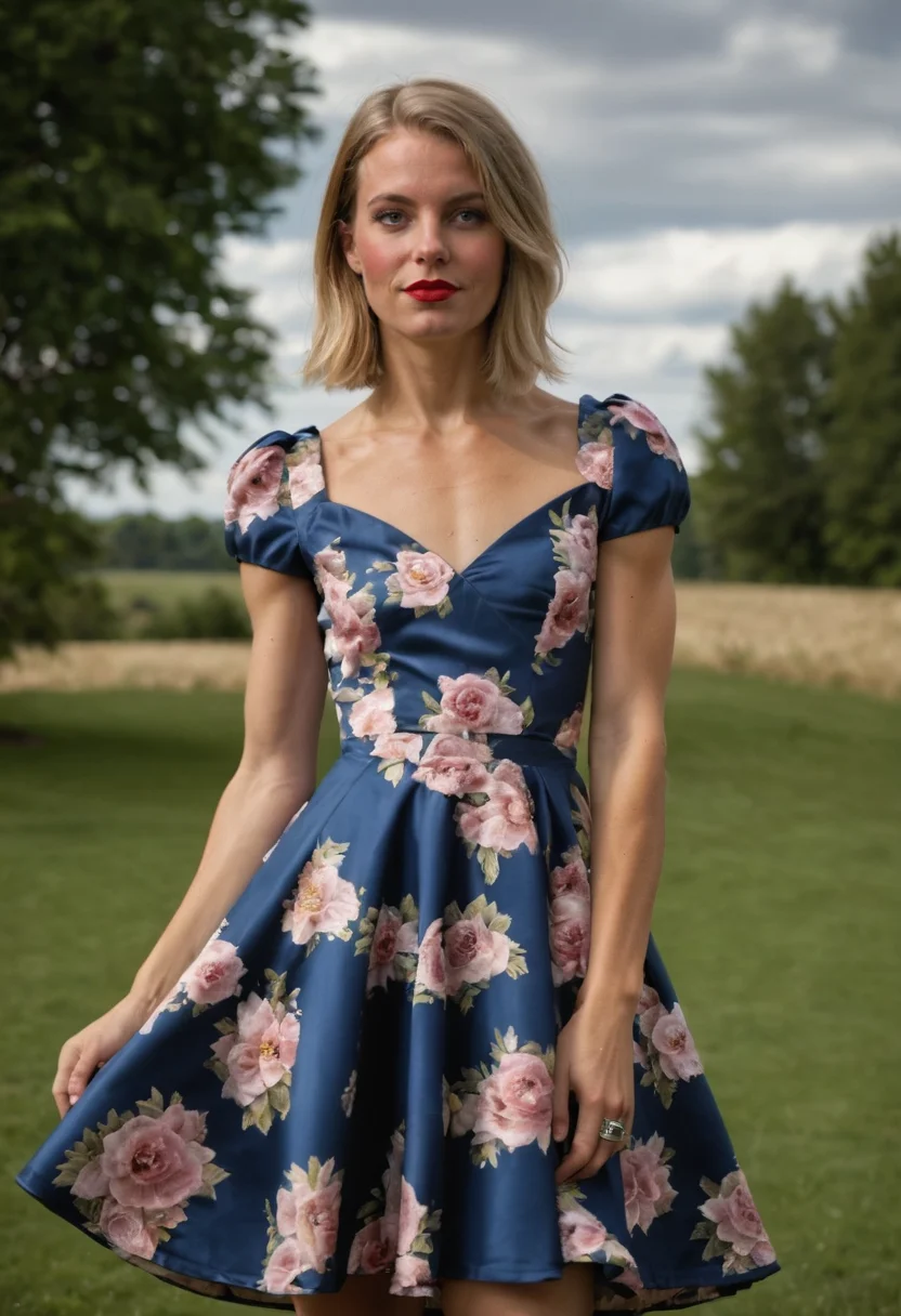 source_realistic photograph, (full body photo), a 24yo femboy, pectoral, toned, ((flat chest)), wearing a floral dress by chi chi london, short sleeves, heels,  at wedding party, <lora:slimwoman:0.8> slimwoman