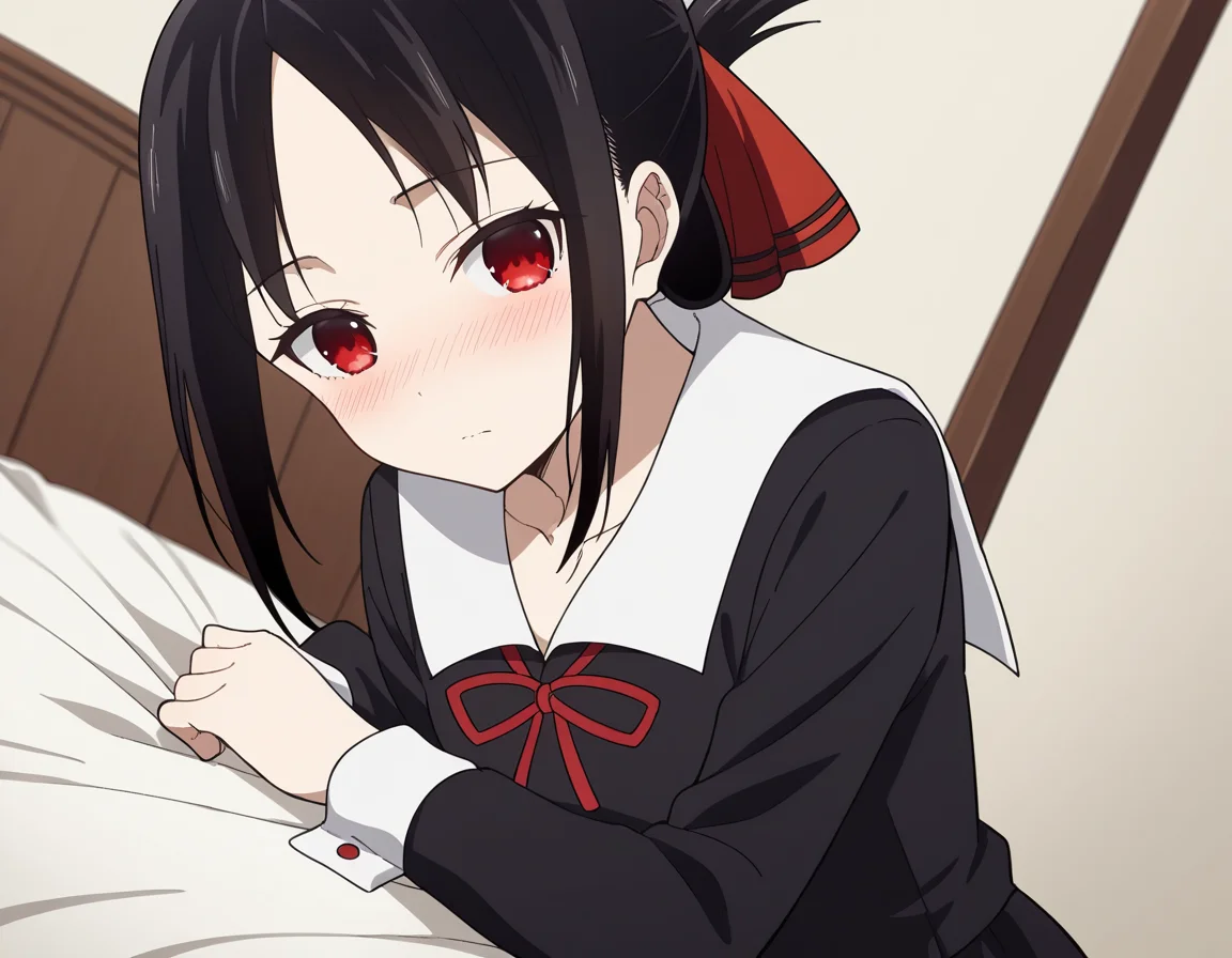 score_9, score_8_up, score_7_up, source_anime,
kaguyashinomiya, <lora:kaguya-shinomiya-s3-ponyxl-lora-nochekaiser:1>,
kaguya shinomiya, short hair, bangs, black hair, red eyes, hair ribbon, sidelocks, folded ponytail, parted bangs,
long sleeves, dress, ribbon, school uniform, collarbone, black dress, sailor collar, white sailor collar, red ribbon, neck ribbon, shuuchiin academy school uniform,
indoors, bed, bed room, on side, blush, drunk,
looking at viewer, cowboy shot, dutch angle, solo,