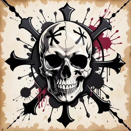 breathtaking a skull with two crossed bones in the background, in the style of inkblots, circular shapes, marvel comics, rtx on, stencil-based, symbolic nabis, violent  . award-winning, professional, highly detailed