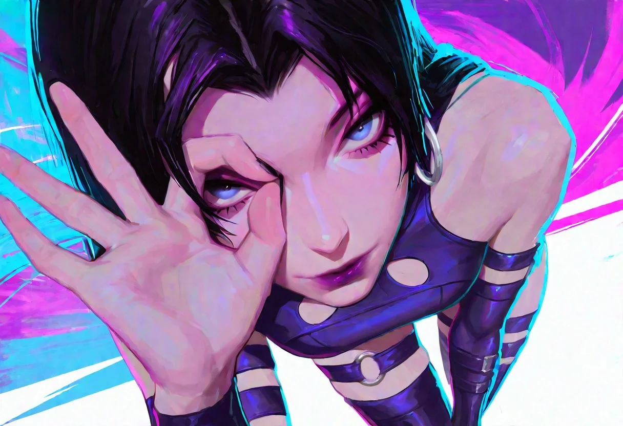 photorealistic, masterpiece, best quality, good quality, very awa, very aesthetic, absurdres, newest, 1girl, solo, OK sign, hand over eye, OK sign over eye, (face focus, eye focus):2, foreshortening, perspective, dynamic angle, solid color background,, psylocke_vengeance, blue eyes, black hair, straight hair, long hair, hoop earrings, jewelry, purple leotard, highleg leotard, o-ring thigh straps, multiple thigh straps, clothing cutout, purple gloves, dark purple lipstick, elbow gloves, fingerless gloves, nail polish, black nails, thigh boots, red ribbon