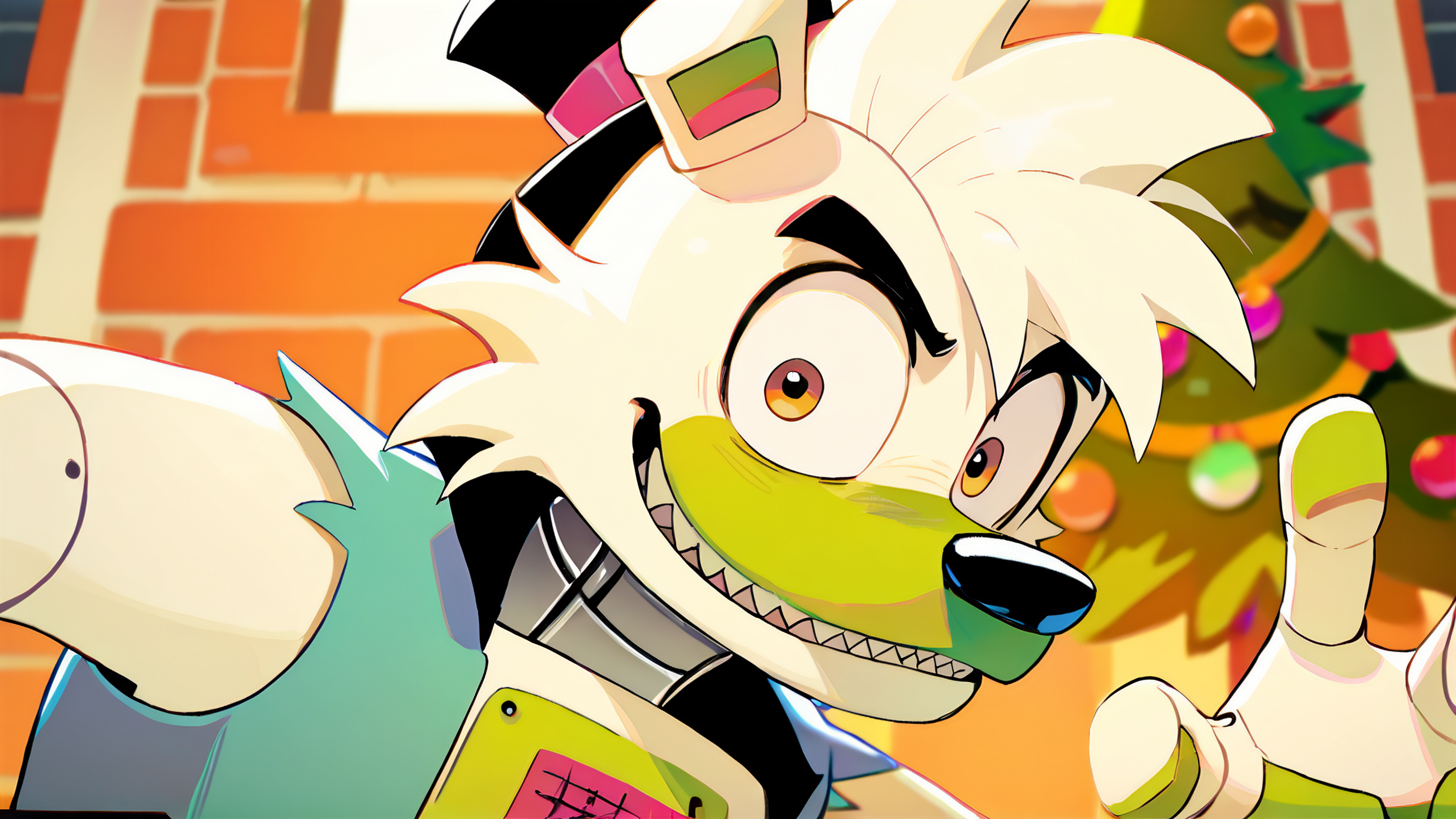 <lora:saucebear_ponyxl-10v1.2:1.7> score_9_up, score_8_up, score_7_up, source_furry,  source_cartoon, outside, saucebear, bear ears, large canines, perfect canines, sabertooth, deep blue mini top hat, orange eyes, detailed eyes, green phalanges, four fingers, (((four fingers))),  greenish-white body:1.2, (green color front, gray neck, metallic neck:1.5), wearing blue vest, loose vest, thin neck, solo, (looking at viewer), perfect body,  detailed hands, toony hands, toony body, toony head, zPDXL2, detailed hat,  male focus,  nice background, (flat chest), fluffy head:0.8, BREAK, winter scene, christmas tree, christmas scene
  <lora:big_eyes_v1:1.0>     <lora:zy_Detailed_Backgrounds_v1:0.3>