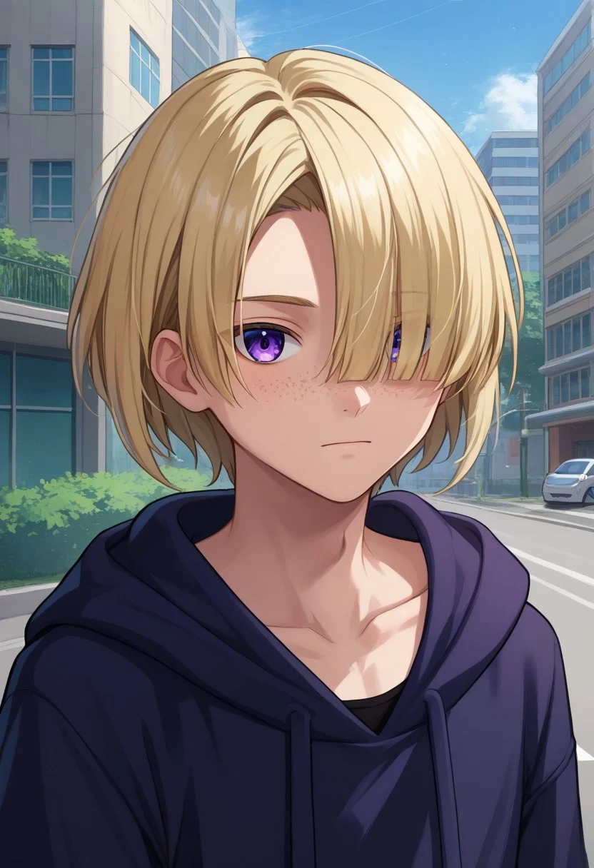 score_9, score_7_up, source_anime
freminet, 1boy, male focus, solo, purple eyes, blue eyes, blonde hair, hair over one eye, freckles, hoodie, hood, collarbone,
outdoor, buildings,