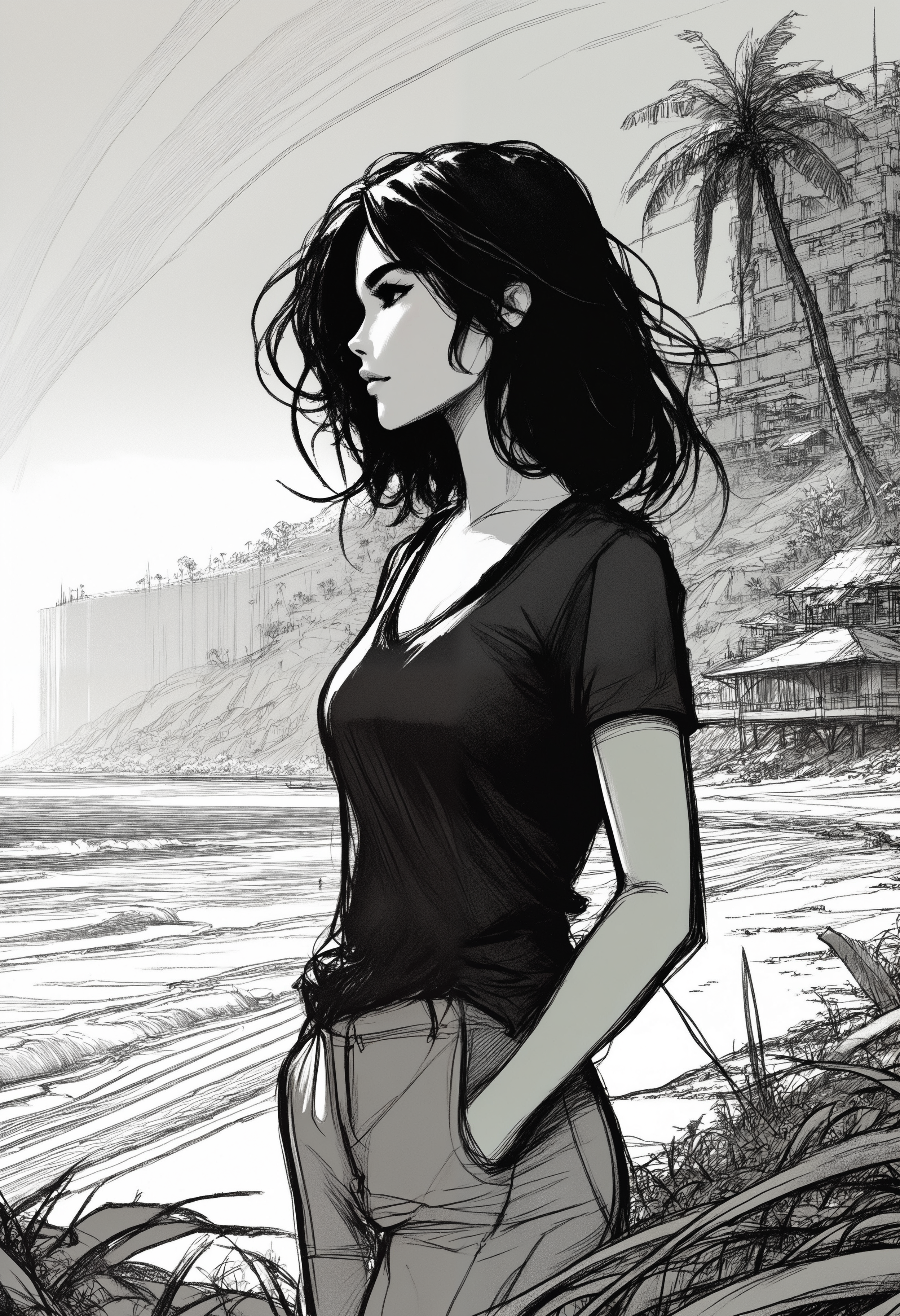 rough sketch, messy lineart, monochromatic, flat color, 1girl, mature woman, upper body, close-up, shorter black hair, blush, beautiful face, detailed eyes, soft smile, pale white skin, black v-shirt, cleavage, standing at the beach, waves, ocean, mangrove, trees, overgrown ruins