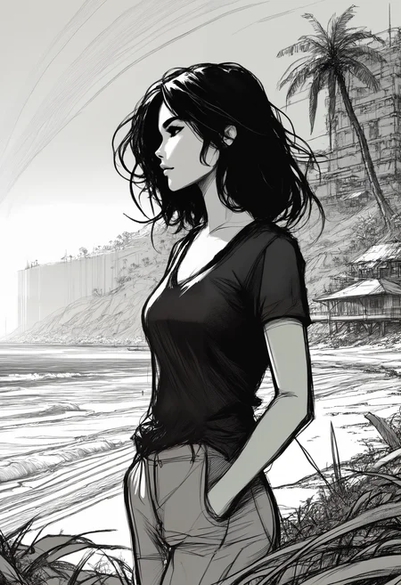 rough sketch, messy lineart, monochromatic, flat color, 1girl, mature woman, upper body, close-up, shorter black hair, blush, beautiful face, detailed eyes, soft smile, pale white skin, black v-shirt, cleavage, standing at the beach, waves, ocean, mangrove, trees, overgrown ruins
