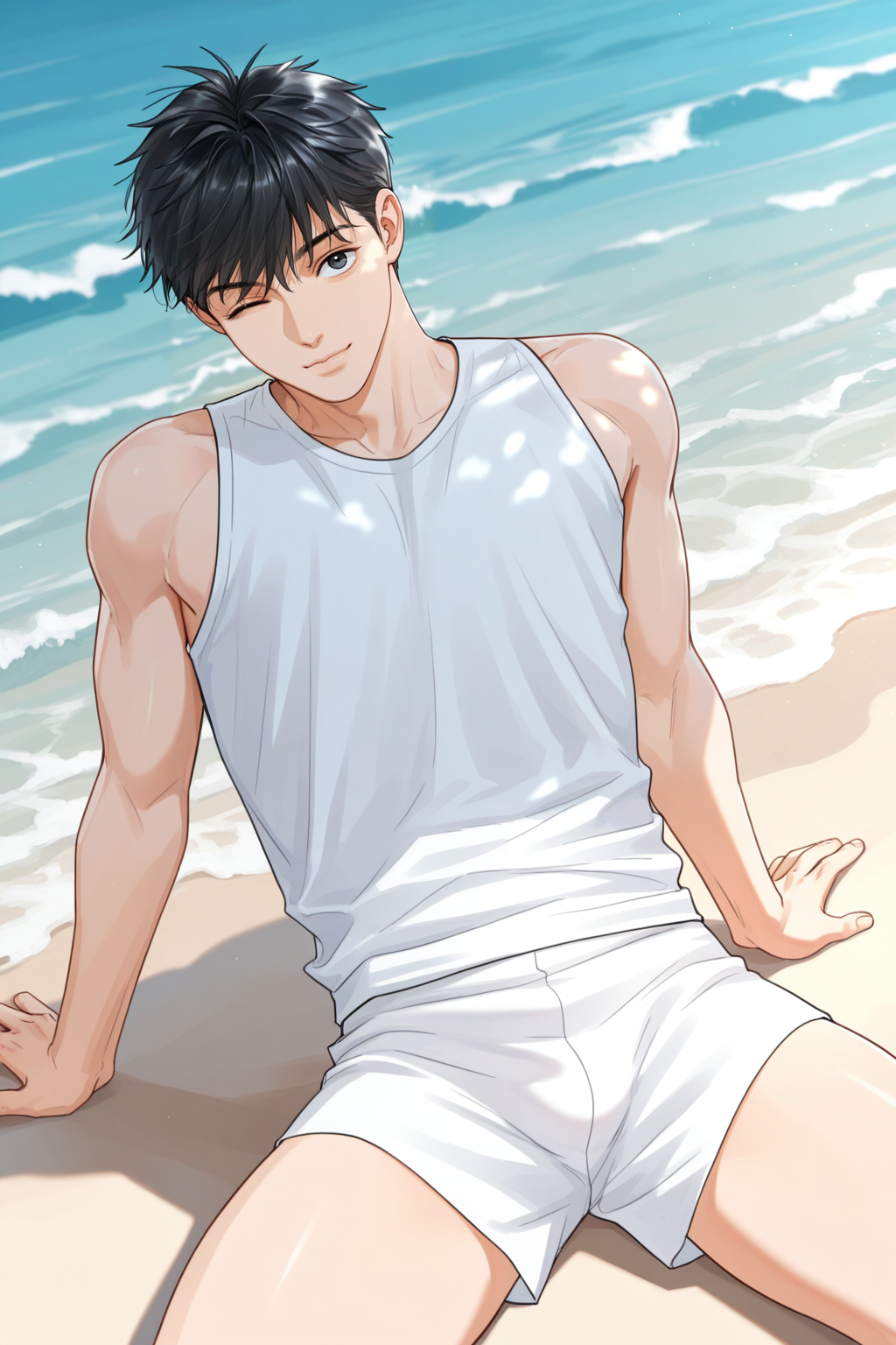 <lora:STS-IL:0.9>,wuyv,black hair,black eyes,short hair,sleeveless shirt,white shirt,looking at viewer,wink,one eye closed,beach,sitting,leaning back,cowboy shot,1boy,solo,bara,male focus,very awa,masterpiece,best quality,amazing quality,nsfw,uncersored,highres,best quality,amazing quality,best aesthetic,absurdres,