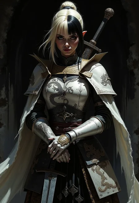 a japanese female warrior, two-tone hair (blonde with black highlights), bangs, white and silver armour emblazoned with heraldic dragon, silhouetted, chiascuro, holding greatsword with both hands, dark abstract background suggesting a cave, directional lighting