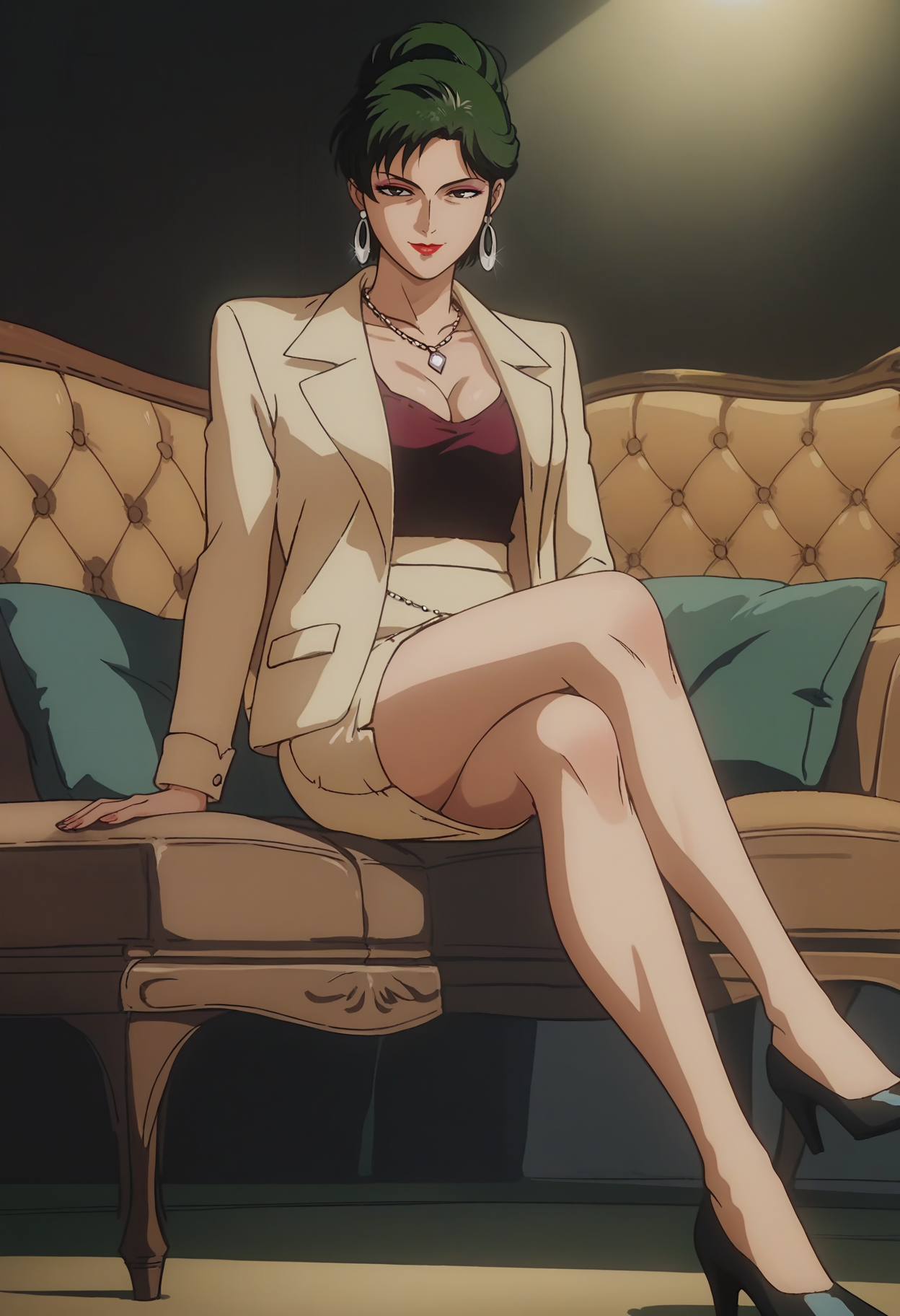 score_9, score_8_up, score_7_up, score_6_up, source_anime, anime screencap, anime coloring, <lora:CimaGarahau_epoch_7:0.7>, CimaGarahau, short hair, green hair, single hair bun, lipstick, black eyes, makeup,
pearl necklace, hoop earrings, beige jacket, red camisole, cleavage, beige skirt, pencil skirt, black high heels,
sitting, crossed legs, couch, seductive smile, looking at viewer, 
BREAK, indoors, dark background, black background, dim lighting,