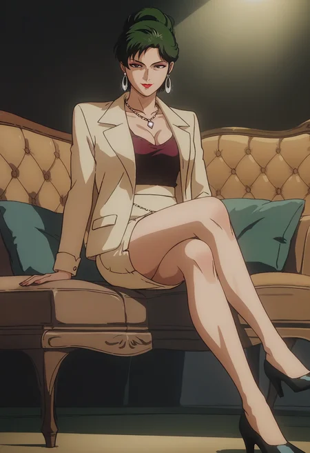 score_9, score_8_up, score_7_up, score_6_up, source_anime, anime screencap, anime coloring, <lora:CimaGarahau_epoch_7:0.7>, CimaGarahau, short hair, green hair, single hair bun, lipstick, black eyes, makeup,
pearl necklace, hoop earrings, beige jacket, red camisole, cleavage, beige skirt, pencil skirt, black high heels,
sitting, crossed legs, couch, seductive smile, looking at viewer, 
BREAK, indoors, dark background, black background, dim lighting,