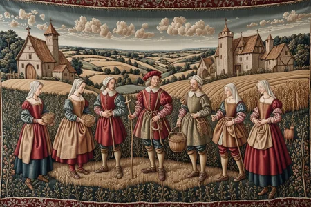 farmers in the fields, dark red, a little bit of magic, medieval tapestry style, hyper realism, 1600s, ultra detailed, intricate detail, silk thread, wool thread, metal thread, visible stitching, complex background, <lora:Wolvie_Concept_Tapestry_SDXL_v1.2:1>