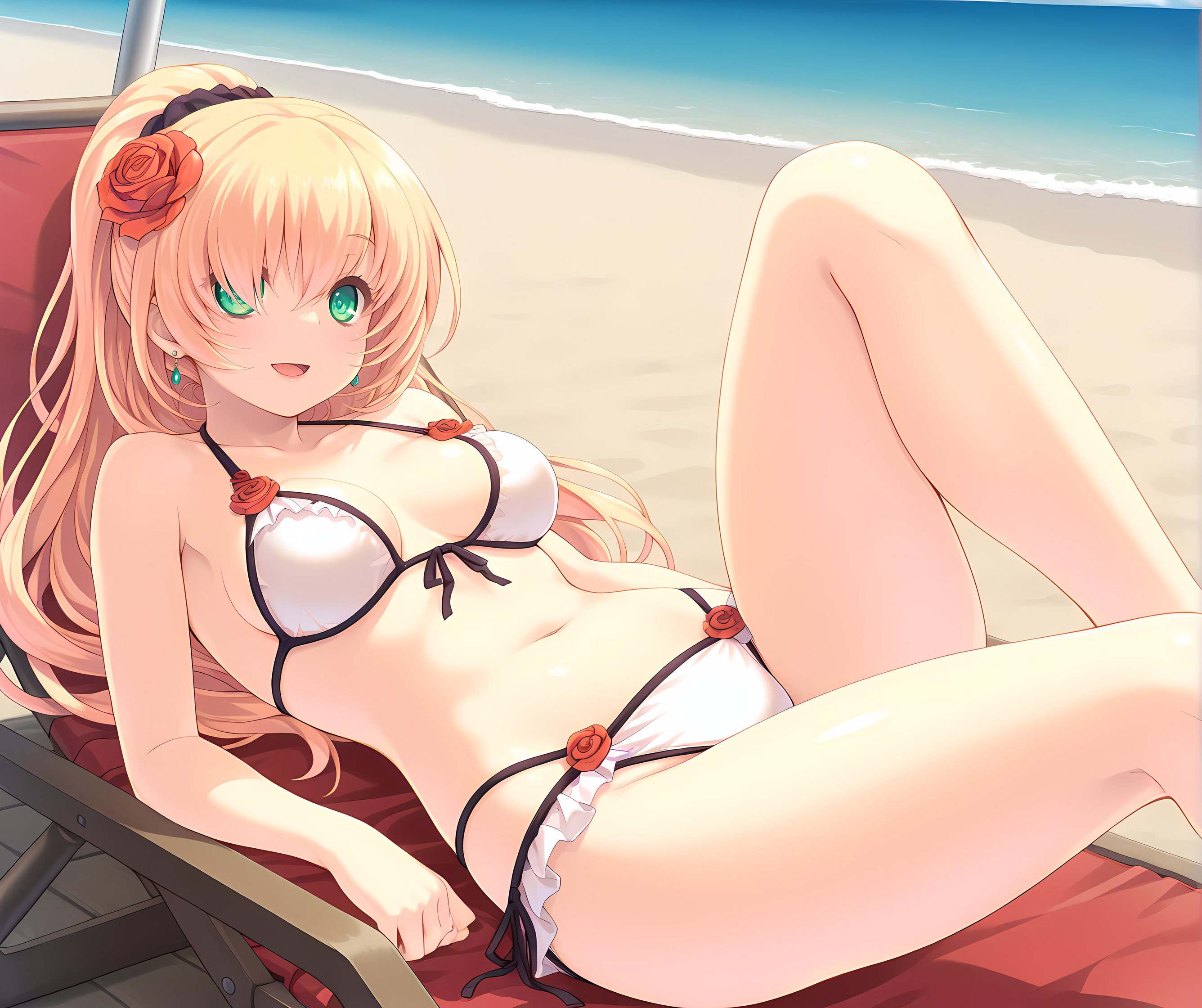 <lora:Alicia_Close_ã¢ãªã·ã¢ã¯ã­ã¼ãº_-_Escude_-_Relord:0.9>,solo,aliclose,blonde hair,long hair,green eyes,medium breasts,rose,hair over one eye,beach chair,ocean,beach,relaxing,knee up,bikini,hair flower,ponytail,hair scrunchie,earrings,lips,:D,, masterpiece,best quality,amazing quality, very aesthetic, absurdres,detailed eyes,ultra-detailed,