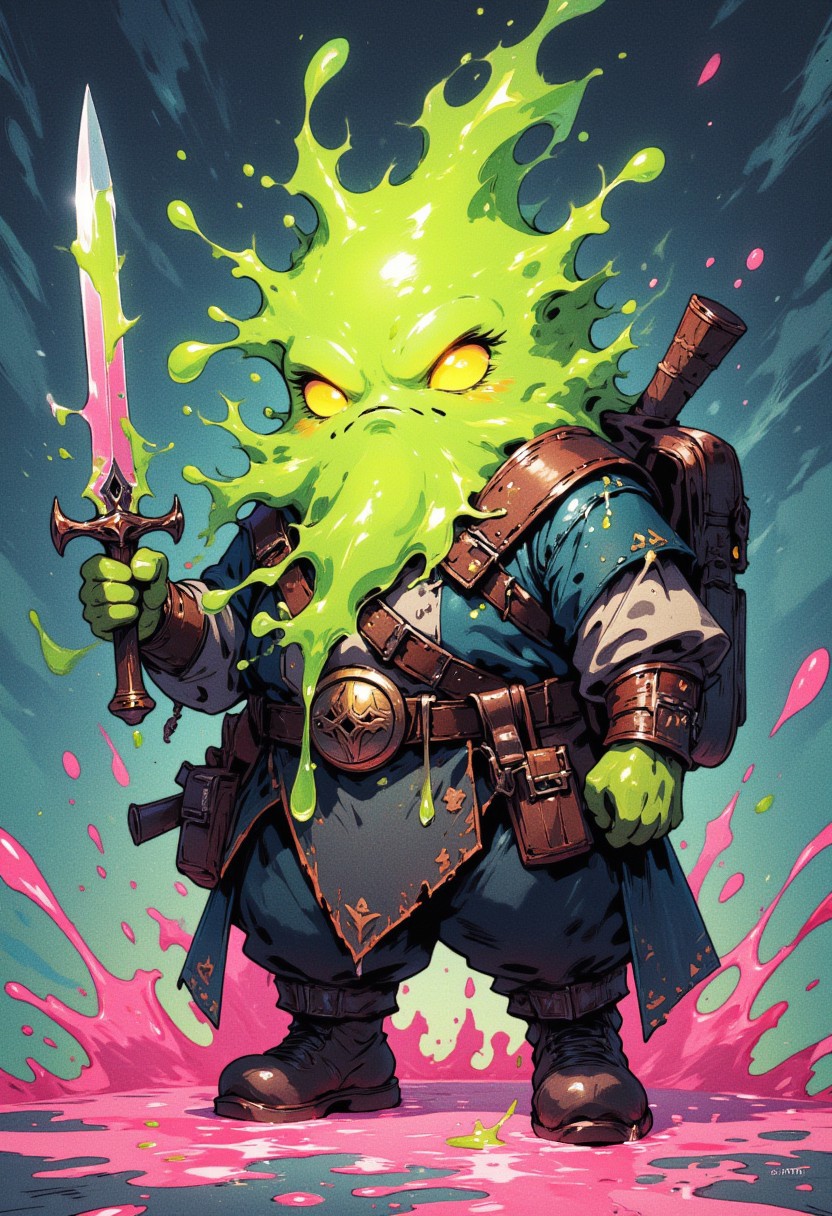 A cute, chubby slime warrior character with a semi-transparent, glossy green gelatinous body, glowing yellow eyes, and a slightly dripping texture. The slime wears a rugged, dark adventurer outfit partially covered by the slime mass, with visible leather boots and a belt with small pouches. The character wields a short, shiny dagger with slime dripping from it, and carries a large, worn backpack. The ground beneath is splattered with pink slime, creating a playful yet mysterious vibe. The style is colorful, cartoonish, and vibrant with smooth shading and clean outlines, suitable for a fantasy RPG game character design