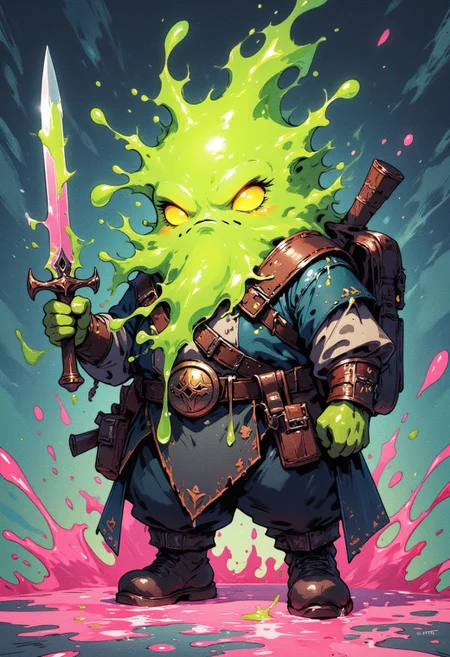 A cute, chubby slime warrior character with a semi-transparent, glossy green gelatinous body, glowing yellow eyes, and a slightly dripping texture. The slime wears a rugged, dark adventurer outfit partially covered by the slime mass, with visible leather boots and a belt with small pouches. The character wields a short, shiny dagger with slime dripping from it, and carries a large, worn backpack. The ground beneath is splattered with pink slime, creating a playful yet mysterious vibe. The style is colorful, cartoonish, and vibrant with smooth shading and clean outlines, suitable for a fantasy RPG game character design