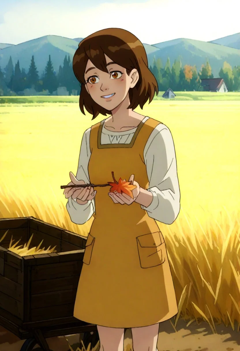 A charming rural illustration showcasing a bright and lively countryside scene. . To the left stands a young girl, depicted with medium-length, wavy brown hair, wearing a simple orange dress. She holds a stick with a red leaf attached, interacting playfully with the grass. Her facial expression is cheerful, reflecting a sense of joy and connection with the animals.
The background is characterized by rolling fields of golden rice paddies on the right and neatly stacked straw bundles on the left, signifying the harvest season. A wooden cart laden with hay is positioned slightly off-center on the dirt path, adding to the rustic atmosphere. Beyond, a small cluster of white farmhouses sits at the base of forested hills, with green and autumnal trees blending harmoniously.