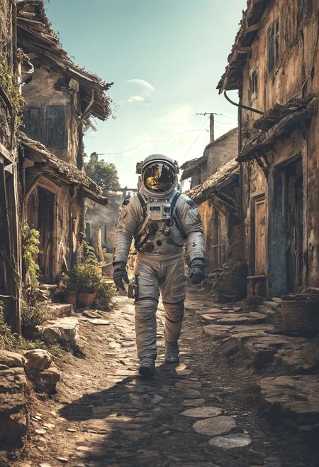 photo of astronaut walking in a old village in the background