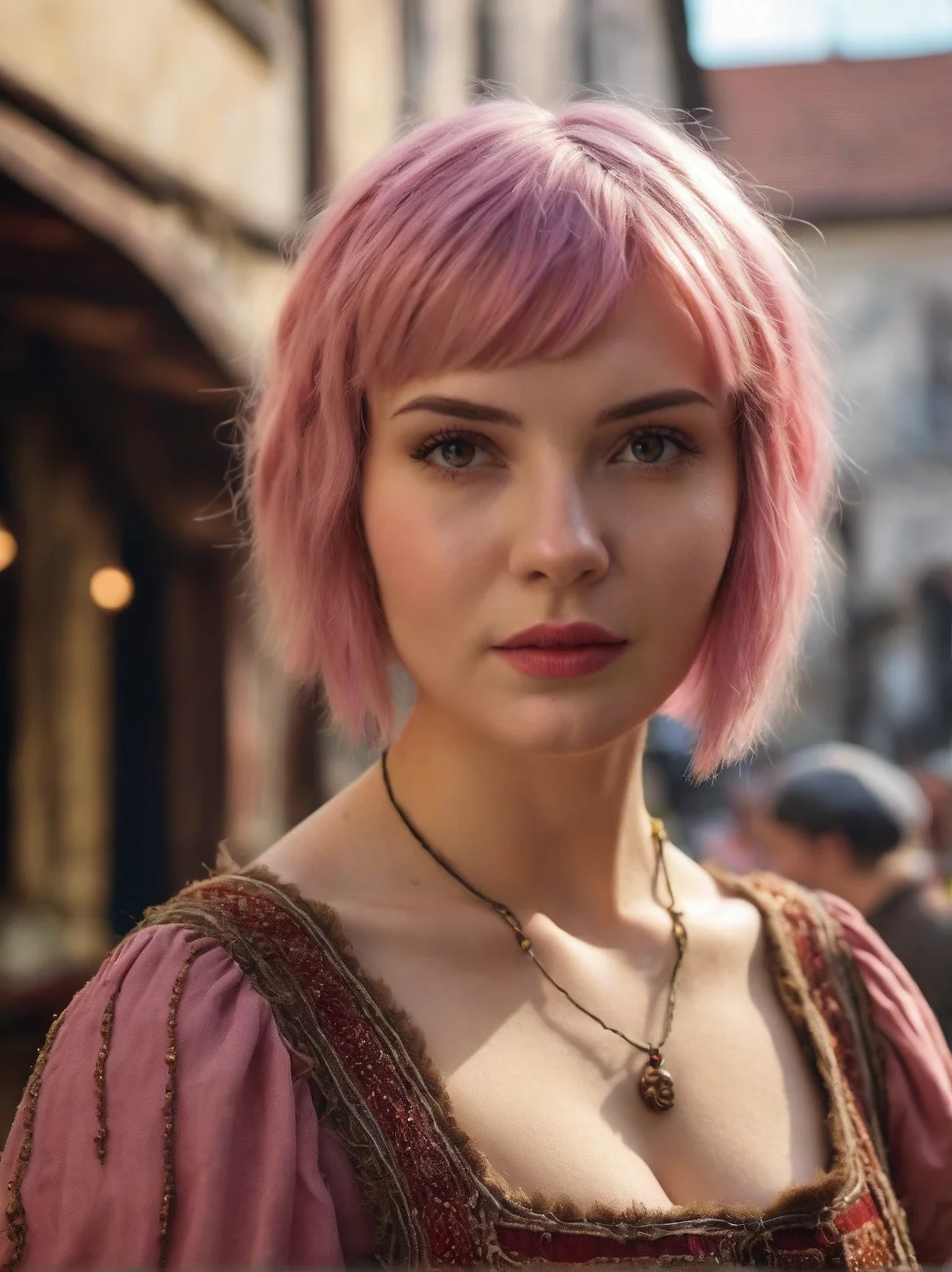 Cinematic fashion photograph portrait of Myroslava_Medved_P_MXAI_SDXL wearing a medieval peasant dress, walking through a medieval city market, (((Ultra-HD-details, Ultra-HD-detailed, Ultra-HD-realistic, Ultra-HD-photo-same-realistic-quality-details)))