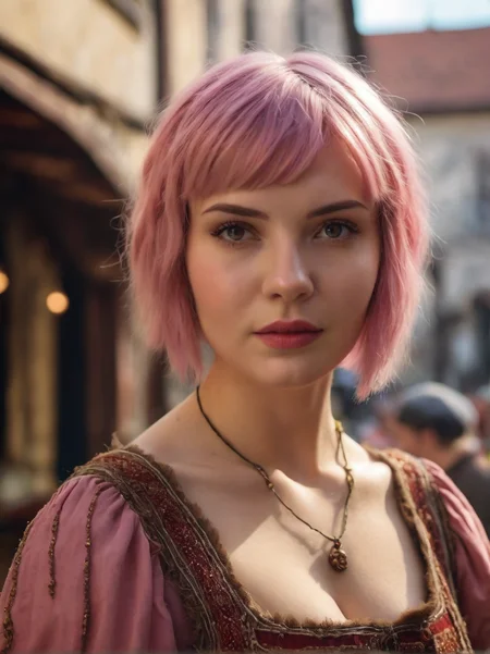 Cinematic fashion photograph portrait of Myroslava_Medved_P_MXAI_SDXL wearing a medieval peasant dress, walking through a medieval city market, (((Ultra-HD-details, Ultra-HD-detailed, Ultra-HD-realistic, Ultra-HD-photo-same-realistic-quality-details)))