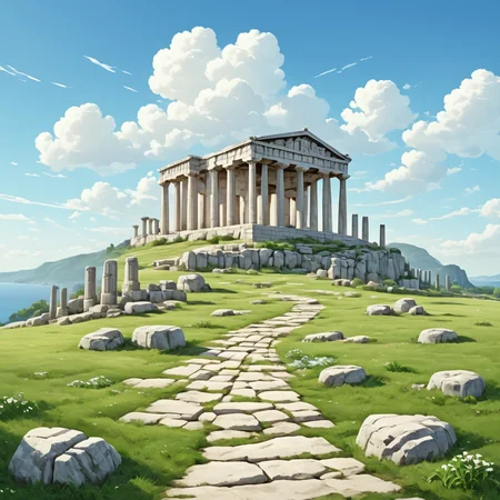 <lora:Ars_Niji_Style_SDXL:1> ArsNijiStyle, ancient temple, The image is a digital illustration of an ancient Greek temple on top of a hill. The temple is made of stone and has multiple columns and arches. It is located on a rocky hill with a grassy field in front of it. The sky is blue with white clouds scattered across it. In the foreground there are several large rocks and boulders scattered across the field. A stone pathway winds through the field leading up to the temple. The overall scene is peaceful and serene., outdoors, scenery, no humans, sky, day, cloud, grass, flower, blue sky, rock