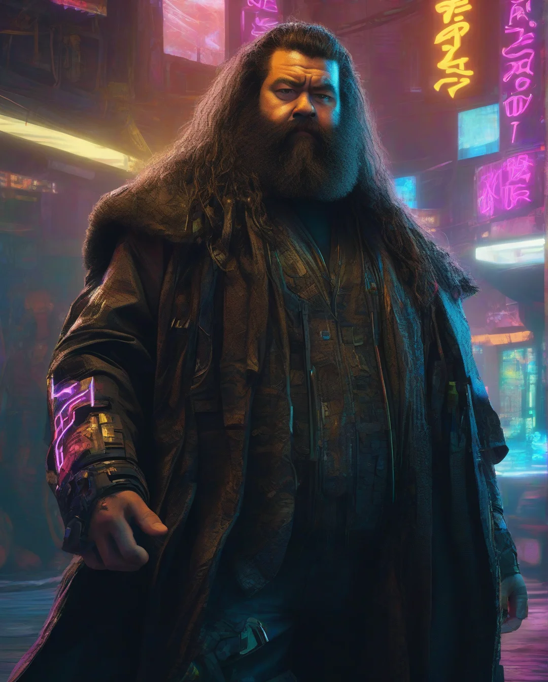 Hagrid,in a dystopian cyberpunk city, (cyborg:1.3), bladerunner, dark misty street, punk hairstyle, cybernetic face modifications, body modification, illustration, backlighting, wearing cyberpunk clothes, neon signs, misty, <lora:detail_slider_v4:2.5> cyberpunk 2077 <lora:Cyberpunk 2077:0.7> <lora:hagrid:0.7>