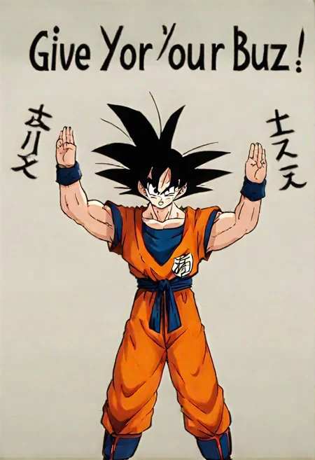 Anime style , solo, gkudbz, Detailed, goku, angry raise up hands,((holding sign with text "Give your buzz to me!"))