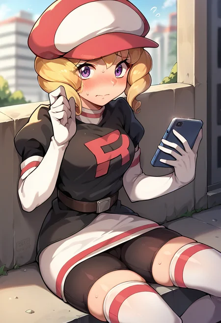 score_9, score_8_up, score_7_up, source_anime, masterpiece, 1girl, ctiand0min0, purple eyes, hat, uniform, logo, belt, elbow gloves, thighhighs,  looking at viewer, blush, sitting, phone, bike shorts, nervous, sweat drop, outdoors, city, depth of field,  <lora:Domino_pokemon_pony_ct_ver2:1>