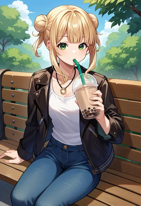 score_9, score_8_up, source_anime, 1girl, solo, RocoKaburaki, green eyes, blonde hair, short hair, double bun, sidelocks, blunt bangs, white tank top, necklace, leather jacket, jeans, outdoors, sitting, on bench, drinking, sipping, straw, bubble tea, <lora:ChamRocoKaburakiPonyXL:1>